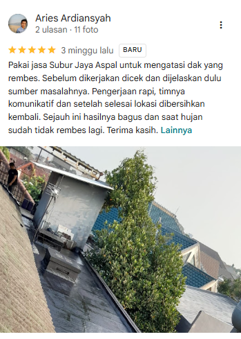 Ulasan Google Business Profile dari Aries Ardiansyah tentang penanganan dak rembes oleh Subur Jaya Aspal