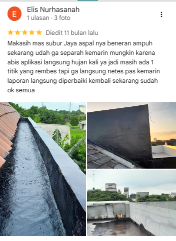 Ulasan Google Business Profile dari Elis Nurhasanah tentang penanganan titik rembes oleh Subur Jaya Aspal